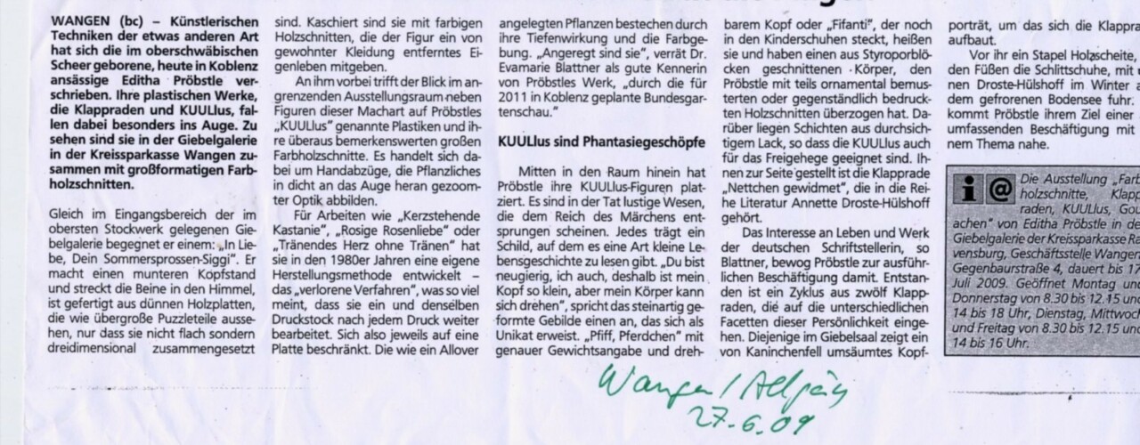 EDITHA Pröbstles Farbholzschnitte stechen in die Augen – Schwäbische-Zeitung-Wangen-Allgäu 27.06.2009